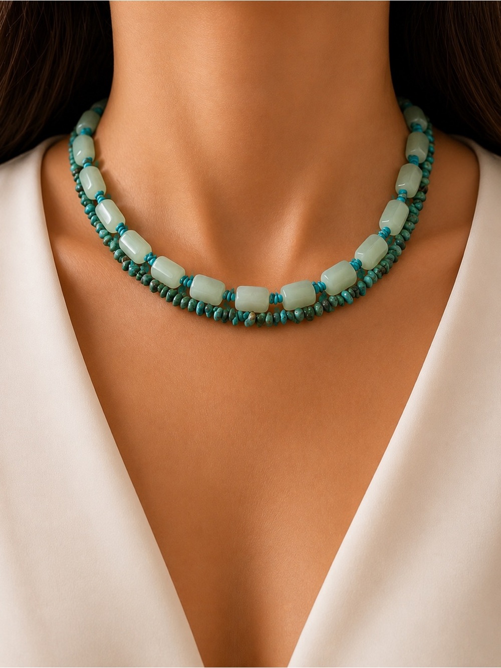 VTG Multi Strand Turquoise Stone Beaded Necklace Semi Precious Green Boho 16.9"